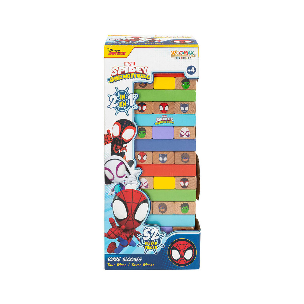 Juego Torre Bloques + Domino madera Spidey Marvel