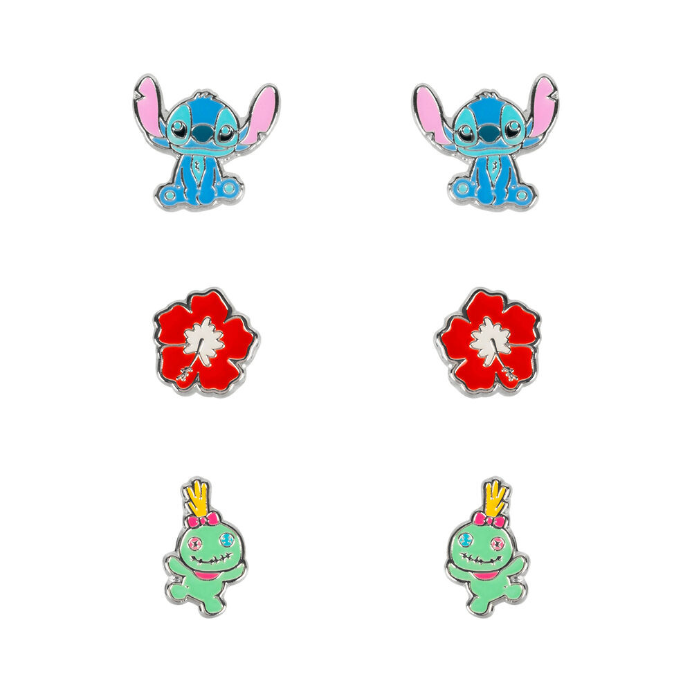 Set 3 Pares de pendientes Stitch Disney plata