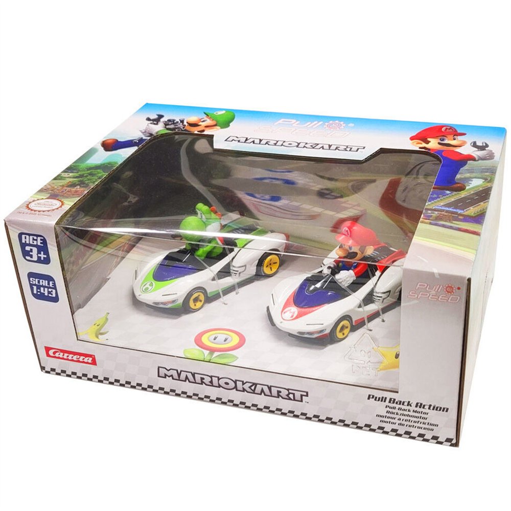 set 2 coches pull speed mario + yoshi mario kart