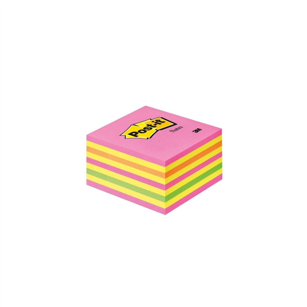 Notas adhesivas post-it cubo 76 x 76 mm. compuesta por los colores 2 rosa, naranja, fucsia, verde intenso y 4 amarillo. 450 hoja