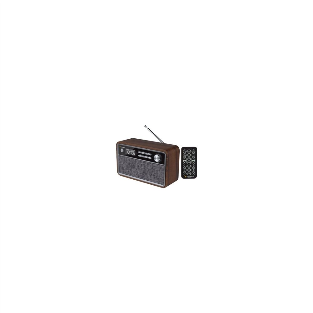 Radio retro sunstech madera 2x3w rms fm bt 4.2 reloj y alarma usb sd aux-in mp3 mando a distancia micro usb carga 1800mah rpbt50