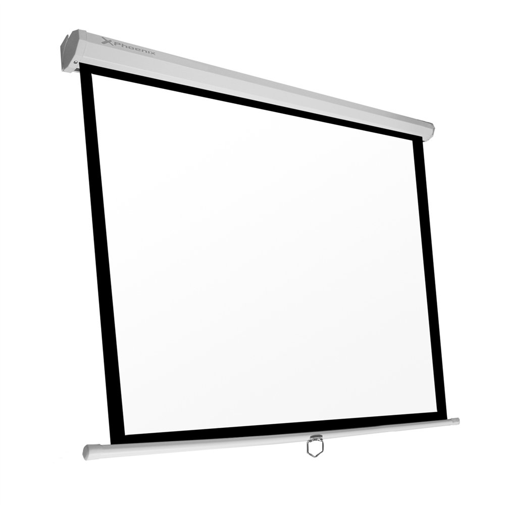 Pantalla manual videoproyector phoenix pared y techo 80p 1.4m x 1.4m posicion ajustable carcasa blanca tela super resistente php
