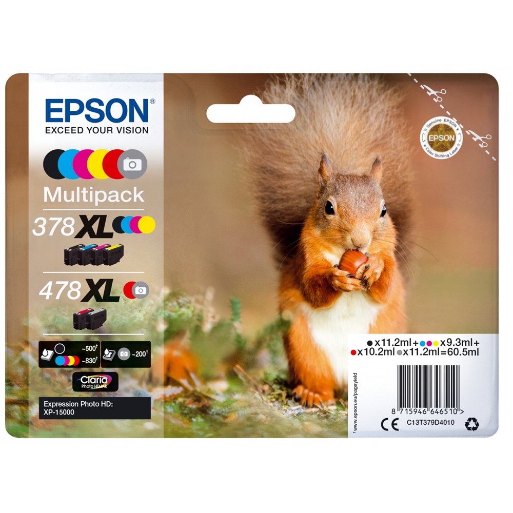 cartucho epson squirrel multipack 6-colours 378xl / 478xl claria photo hd ink c13t379d4010