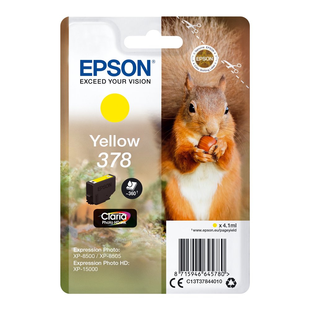 Cartucho epson squirrel singlepack yellow 378 claria photo hd ink c13t37844010
