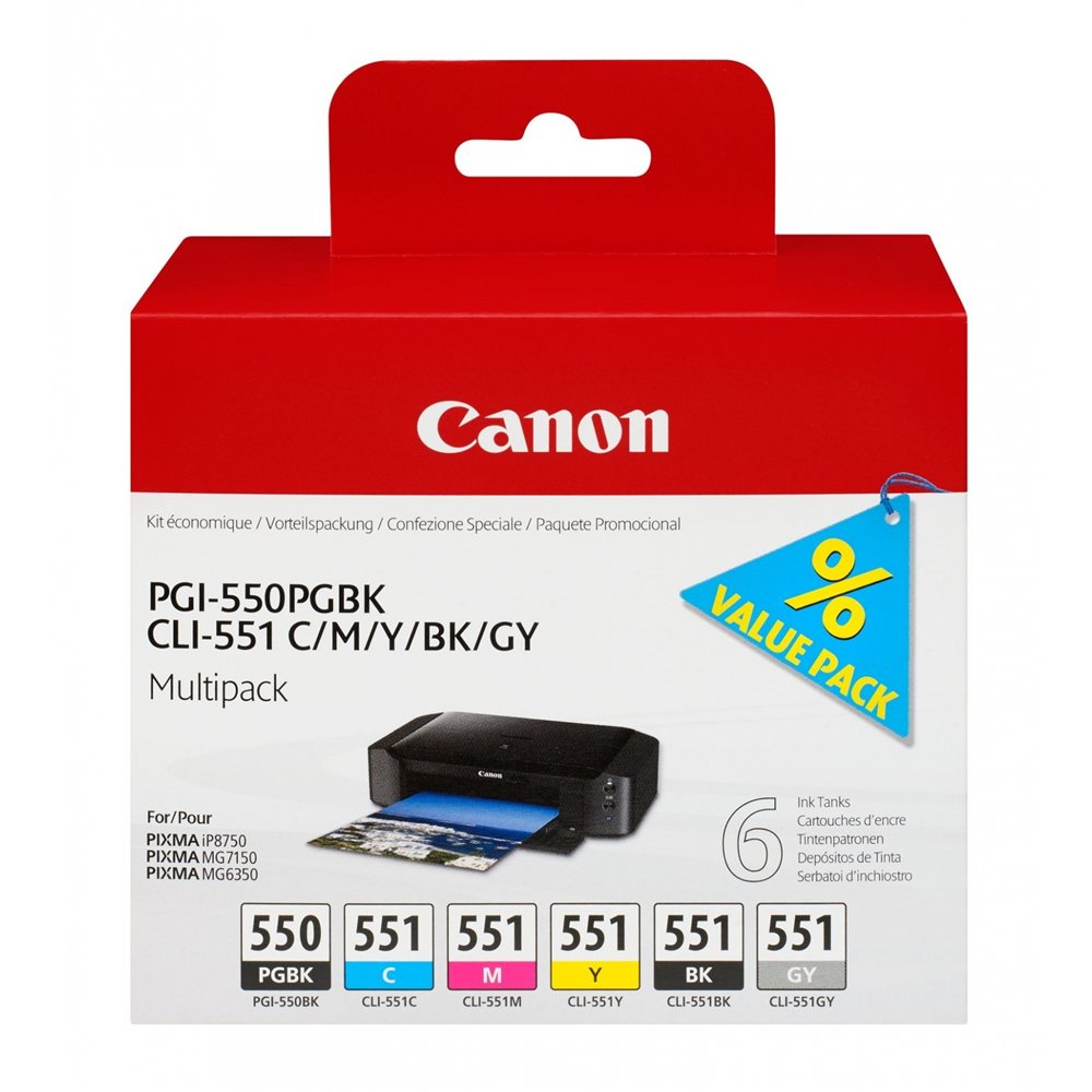 Cartcuho de tinta canon pgi-550pgbk + cli551 6 piezas original multipack para fotografias 6496b005