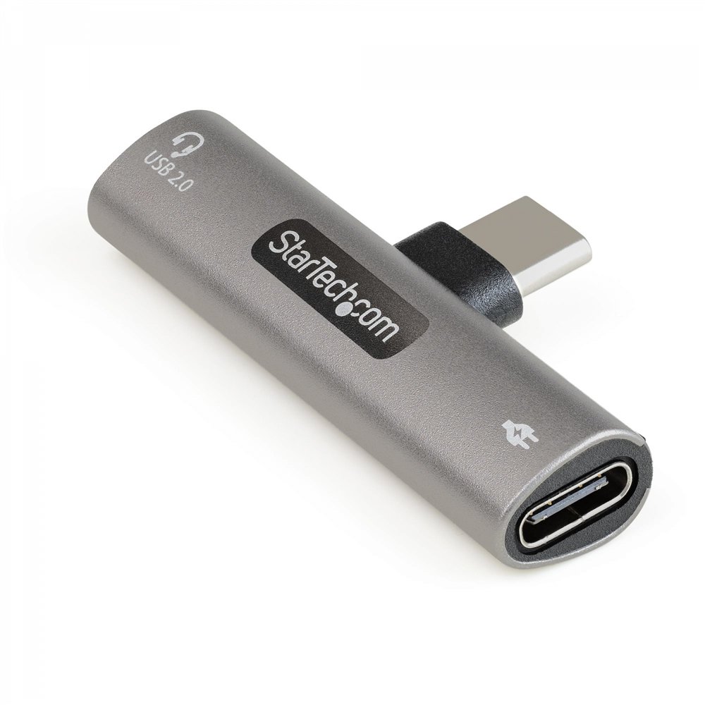 Startech.com adaptador de audio y carga usb-c - adaptador de audio usb tipo c con usb-c para auriculares con micrófono y pass th