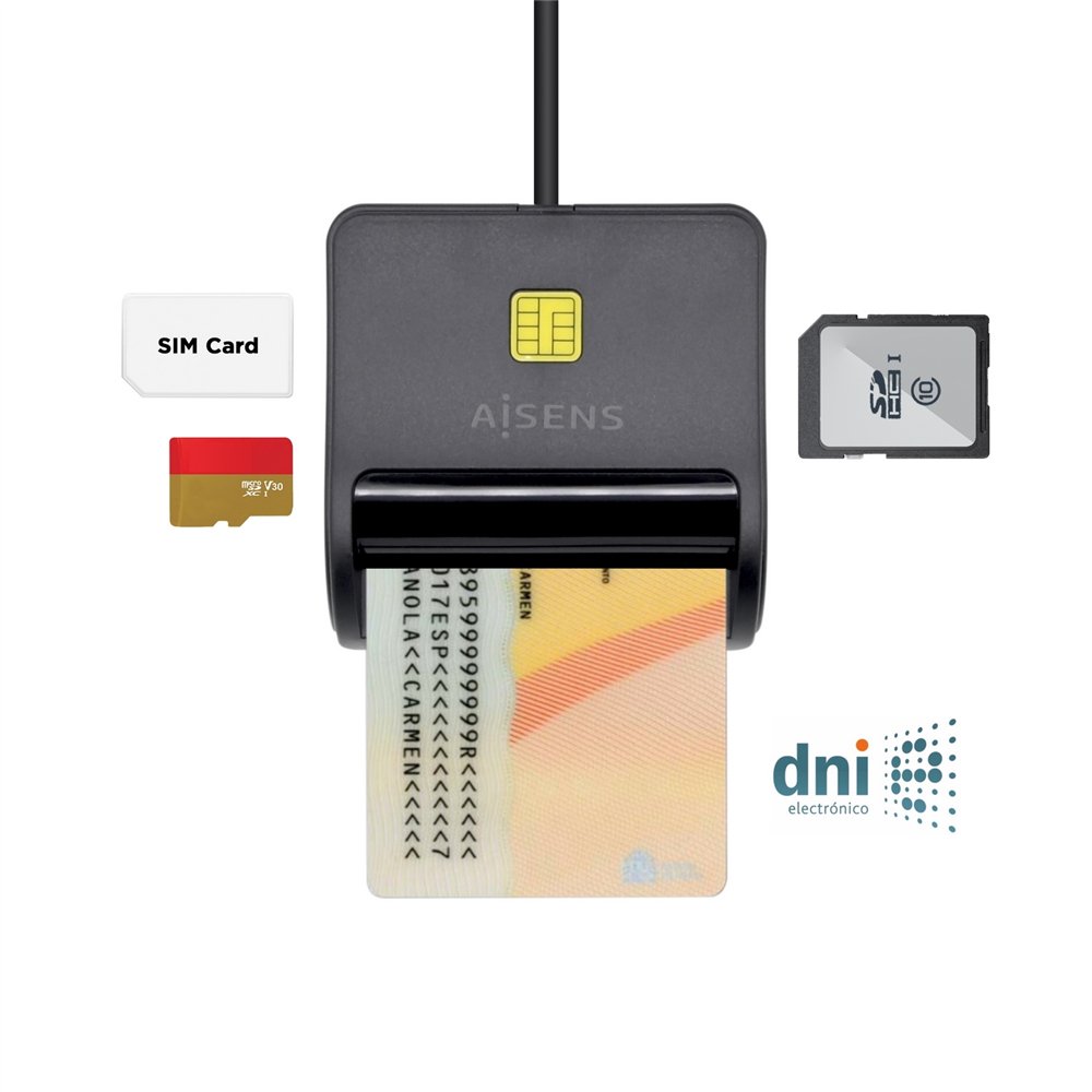 Aisens lector de tarjeta inteligente dni con lector de tarjetas sim, sd, micro sd, mmc, rs-mmc, mmc micro, negro
