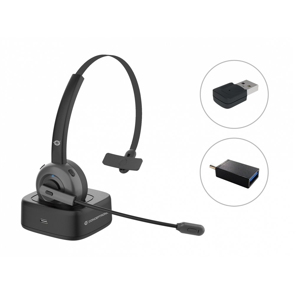 Conceptronic polona03bda auricular y casco auriculares diadema oficina/centro de llamadas bluetooth base de carga negro