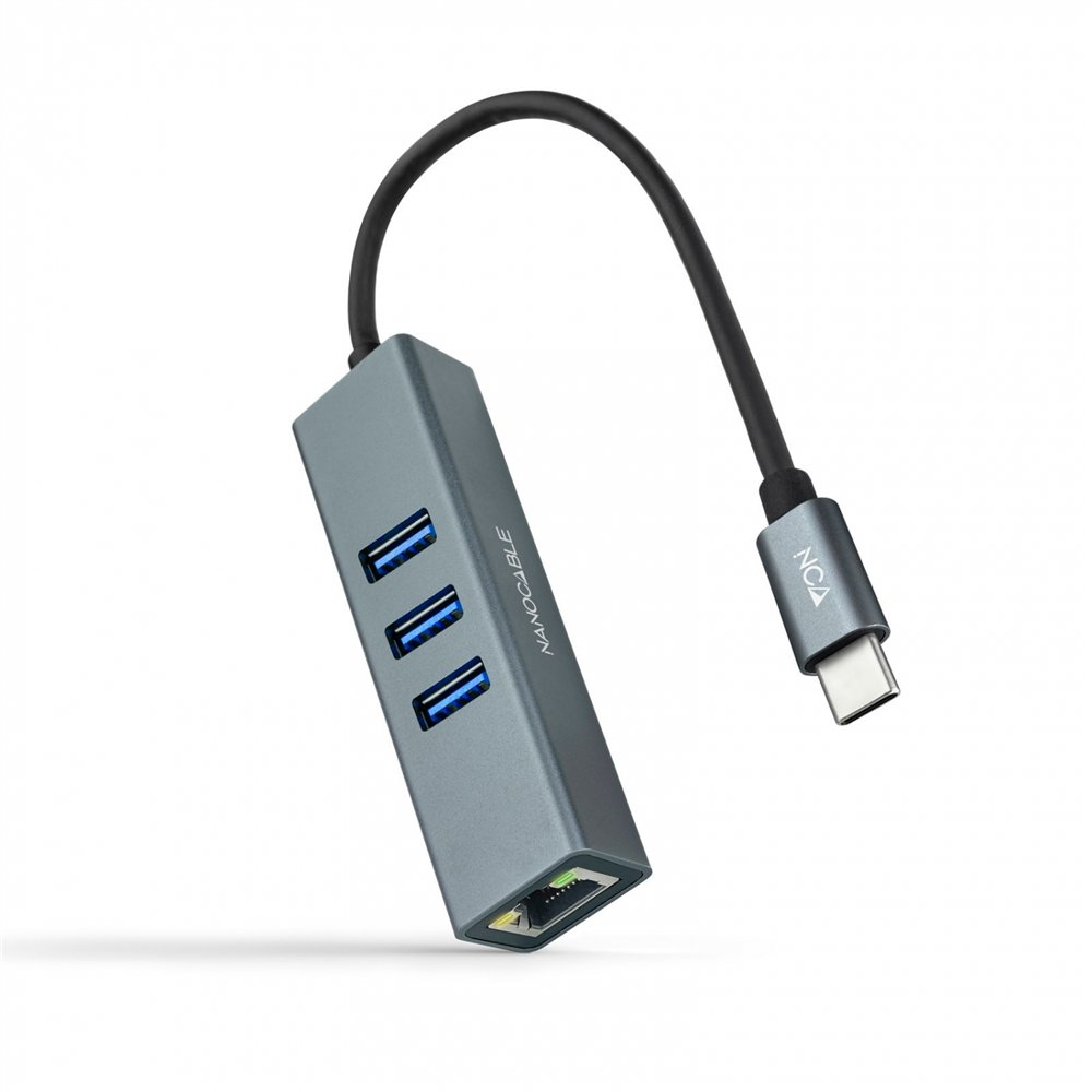 Nanocable conversor usb-c a ethernet gigabit + 3xusb 3.0, aluminio, gris, 15 cm