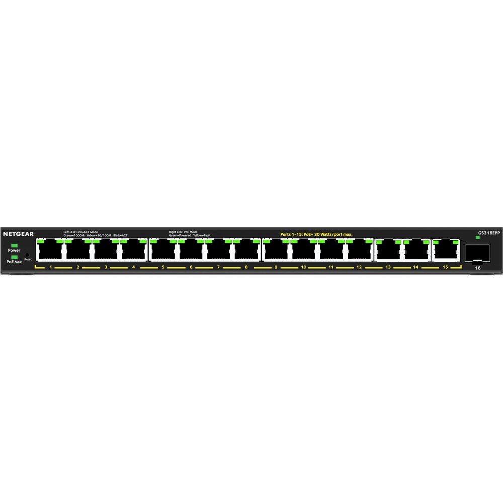 netgear 16-port high-power poe+ gigabit ethernet plus switch (231w) with 1 sfp port (gs316epp) gestionado energí­a sobre etherne