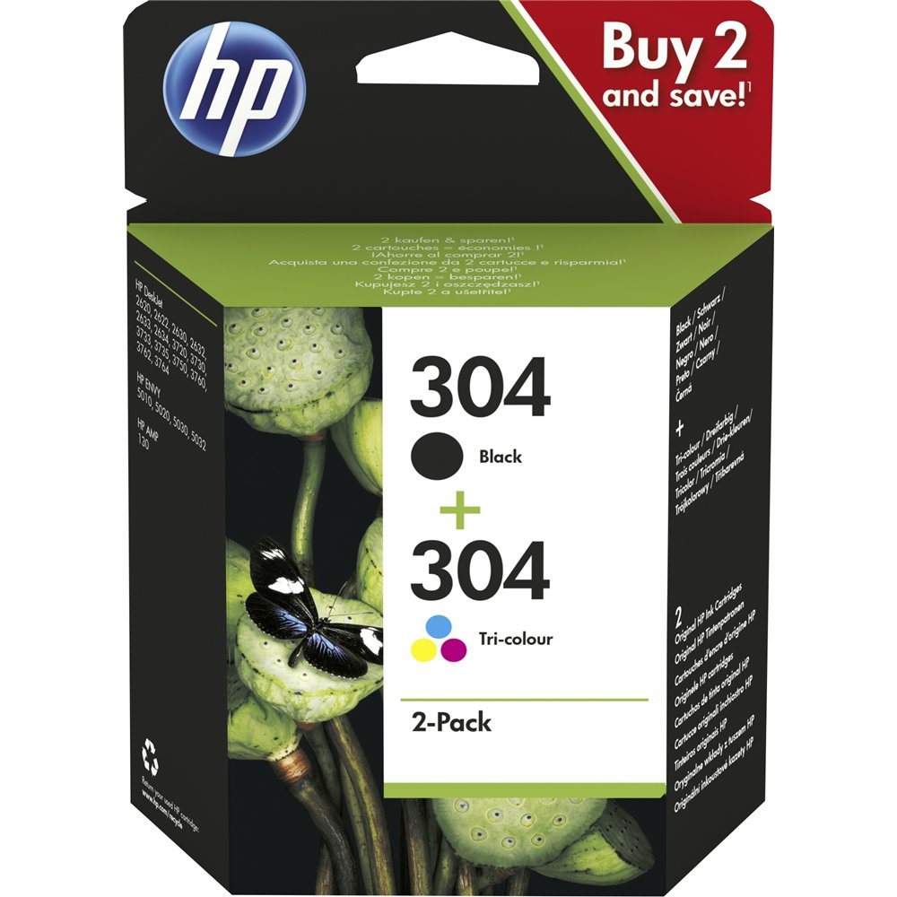 Hp paquete de 2 cartuchos de tinta original 304 negro/tricolor
