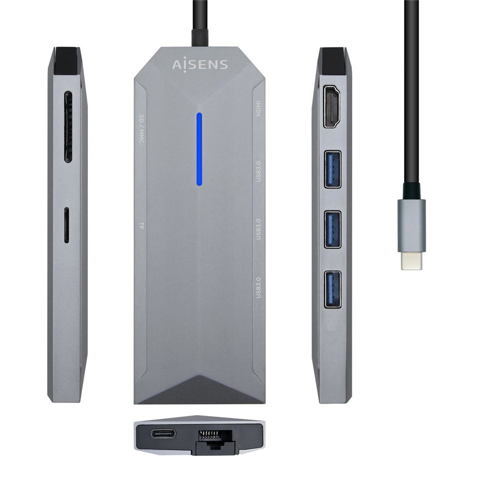 Aisens usb-c dock 8 en 1, usb-c a 1xhdmi, 1xrj45, 3xusb, 1xpd, 1xsd, 1xmicrosd, gris, 15 cm