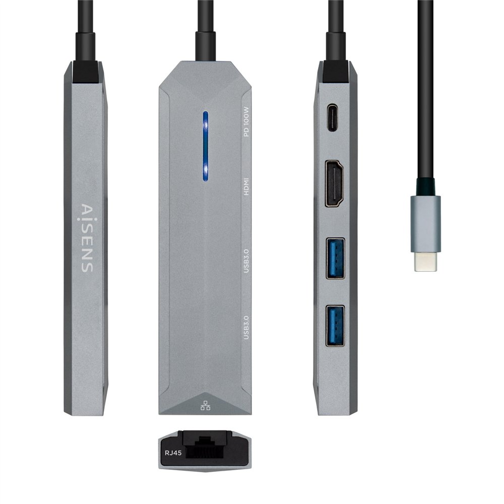 Aisens usb-c dock 5 en 1, usb-c a 1xhdmi, 1xrj45, 2xusb, 1xpd, gris, 15 cm
