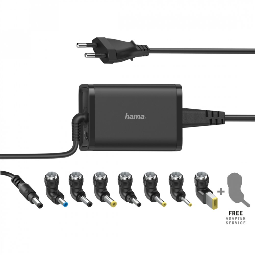 hama  cargador universal portátil, con 7 adaptadores, de 15-19v/65w, enchufe europeo, color negro