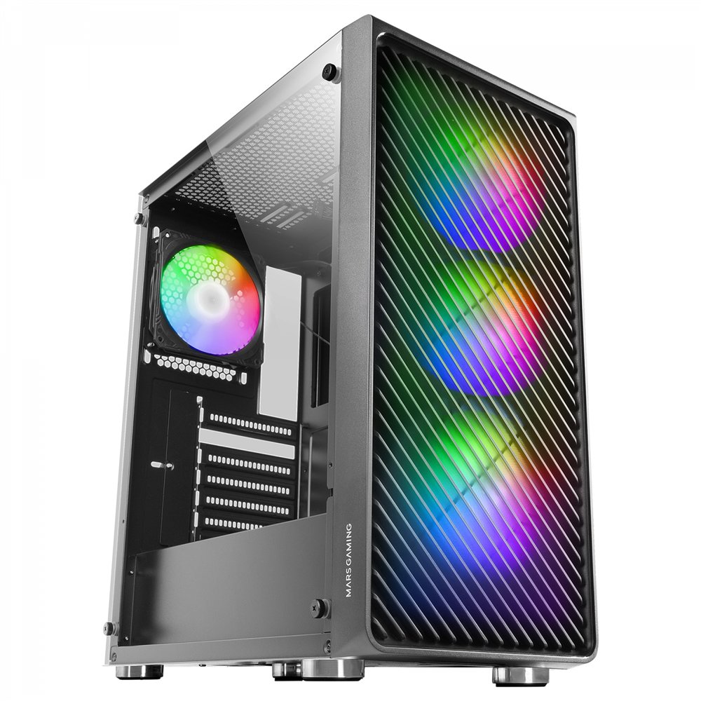 Mars gaming mc-f negro, semitorre gaming atx, ventana completa cristal templado, frontal metal-mesh, 4x ventiladores argb 120mm