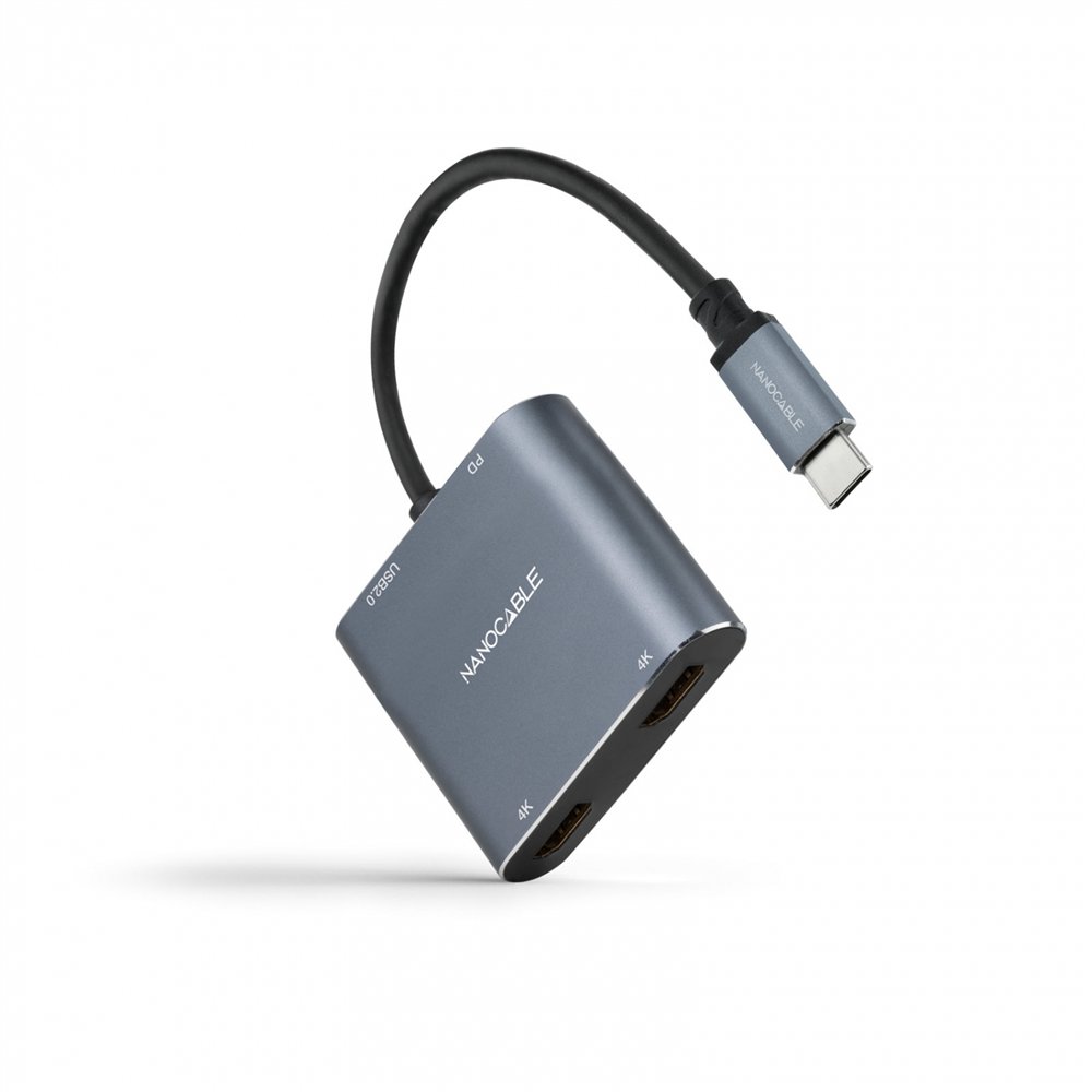 Nanocable conversor usb-c a 2xhdmi/usb2.0/pd, 15 cm, gris