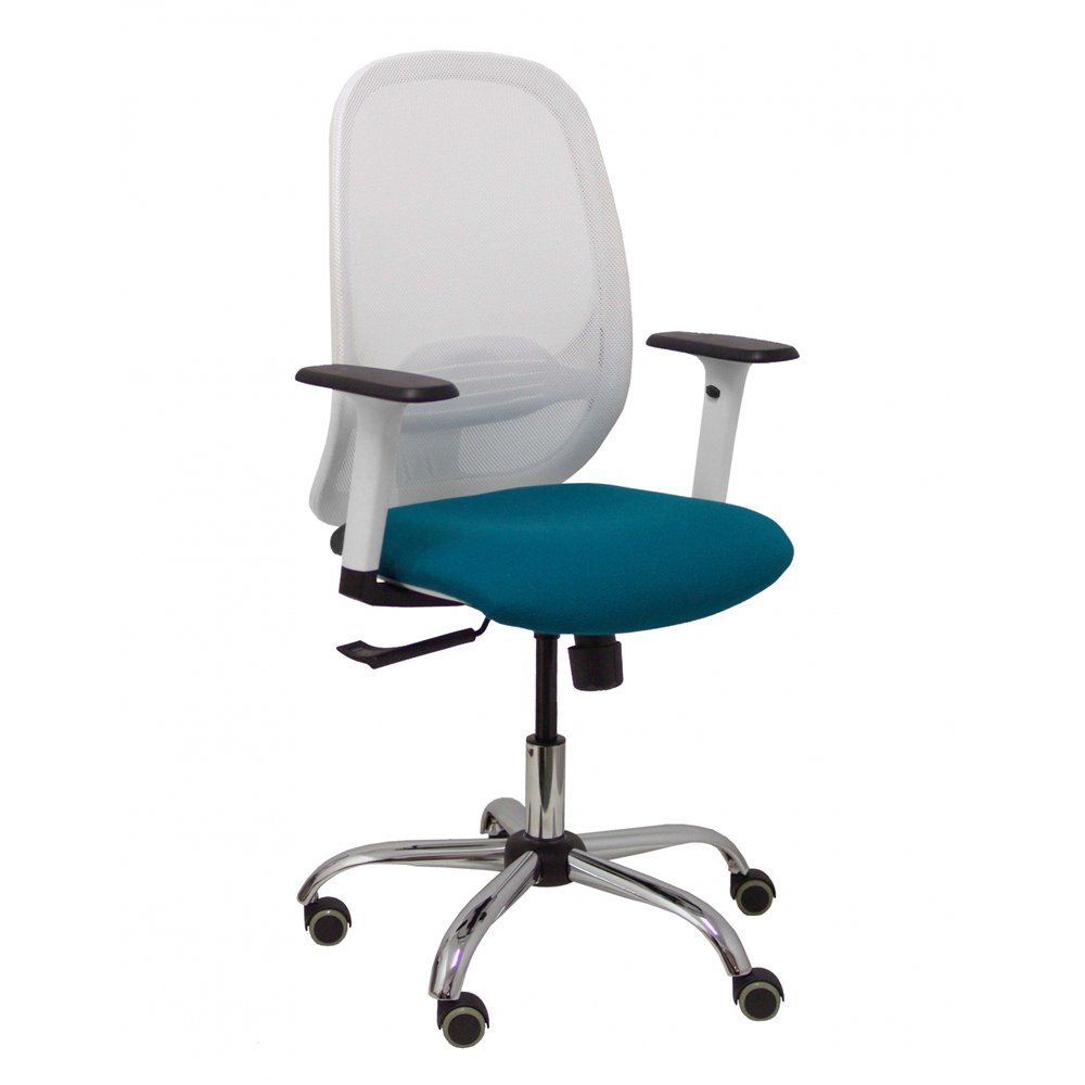 Piqueras y crespo silla cilanco blanca malla blanca asiento bali verde petroleo brazo regulable base cromada ruedas de parque
