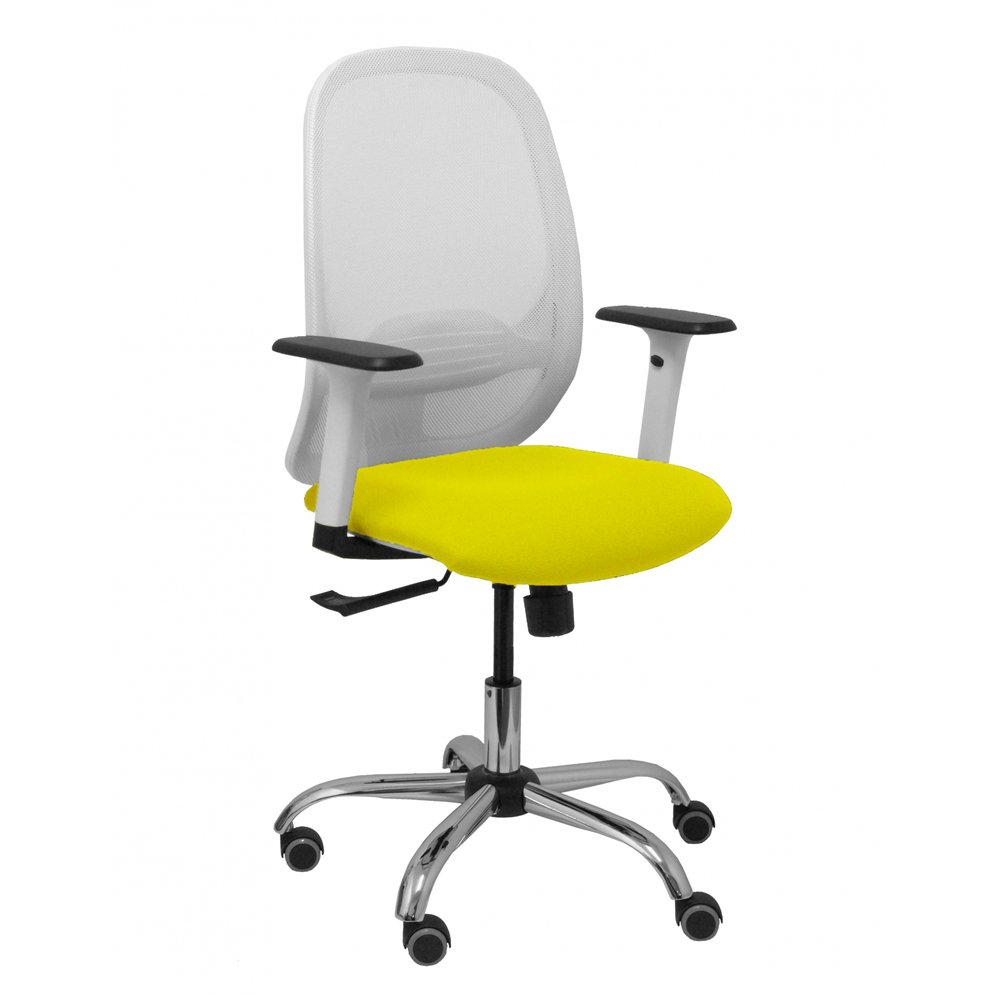 Piqueras y crespo silla cilanco blanca malla blanca asiento bali amarillo brazo regulable base cromada ruedas de parqué