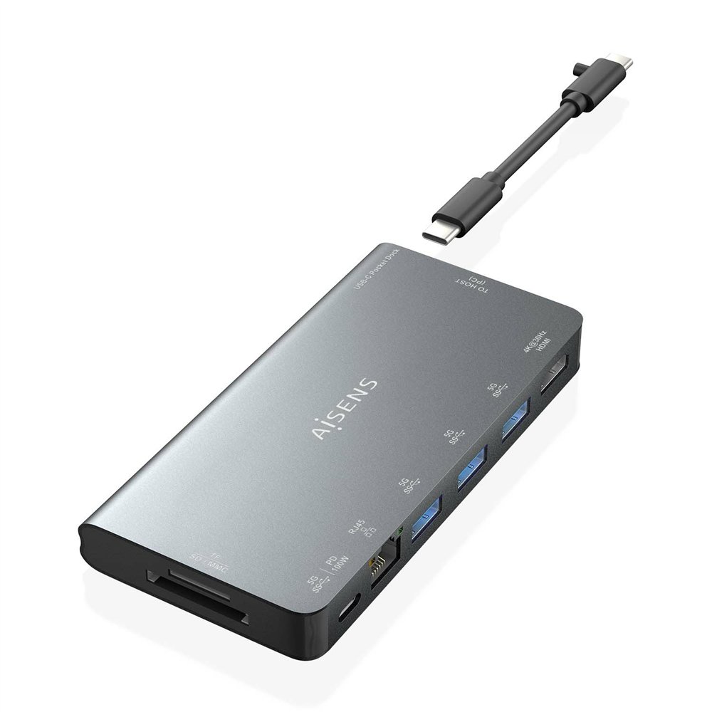Aisens usb-c dock 8 en 1, usb-c a 1xhdmi, 1xrj45, 3xusb-a, 1xusb-c datos+pd, 1xsd, 1xmicro sd, gris, 10 cm