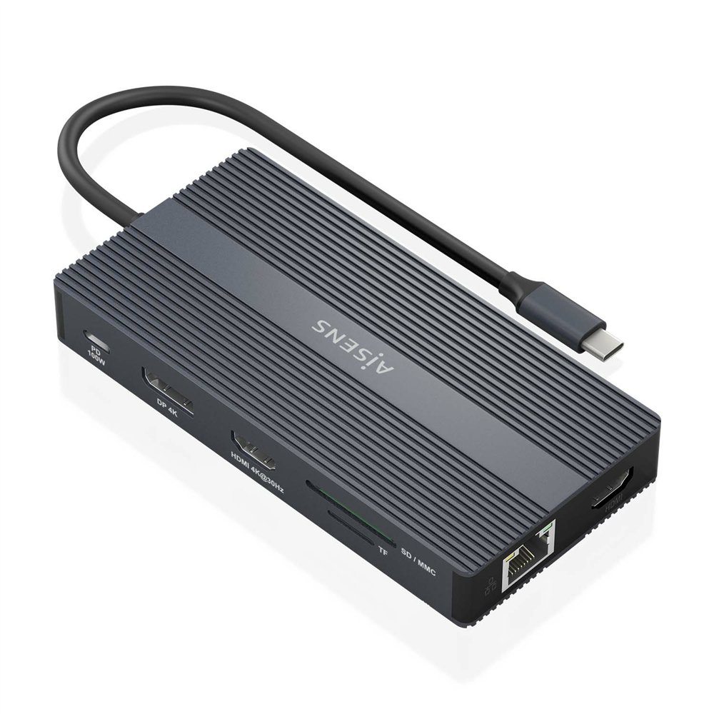 Aisens usb-c dock 12 en 1, usb-c a 2xhdmi, 1xdisplayport, 1xrj45, 4xusb-a, 1xusb-c, 1xusb-c pd, 1xsd, 1xmicro sd, gris, 20cm