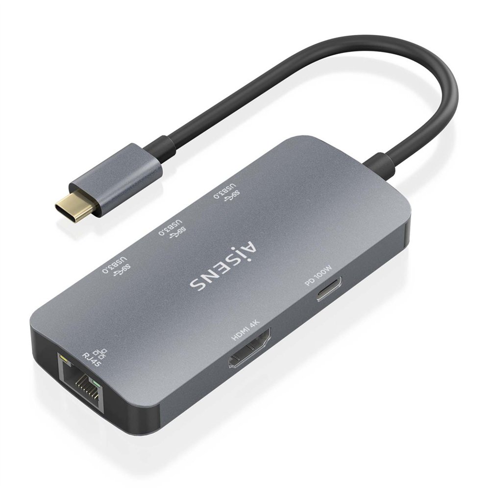 Aisens usb-c dock 6 en 1, usb-c a 1xhdmi, 1xrj45, 3xusb-a, 1xusb-c pd, gris, 15cm