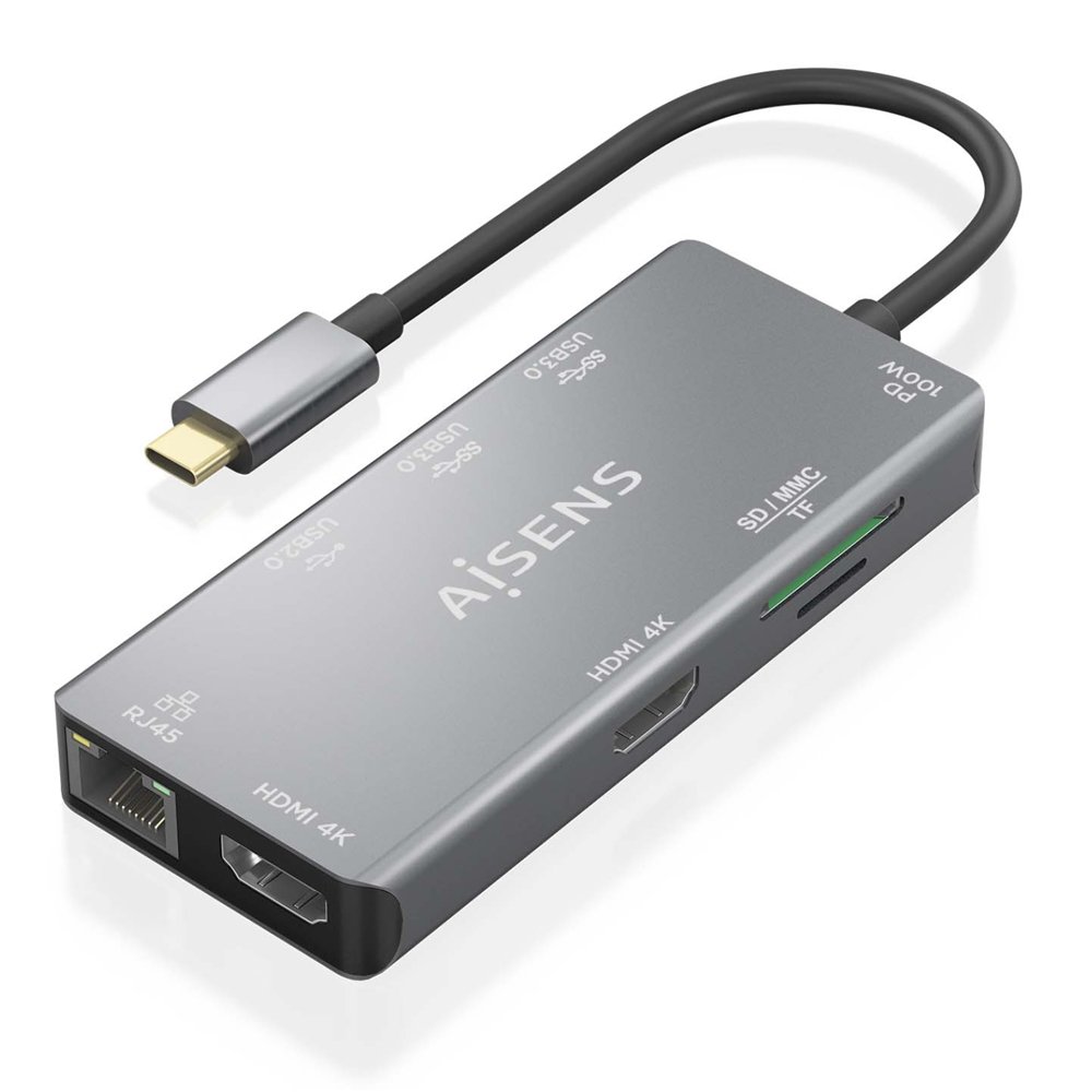 Aisens usb-c dock 9 en 1, usb-c a 2xhdmi, 1xrj45, 2xusb-a usb3.0, 1xusb-a usb2.0, 1xusb-c pd, 1xsd, 1xmicro sd, gris, 15cm