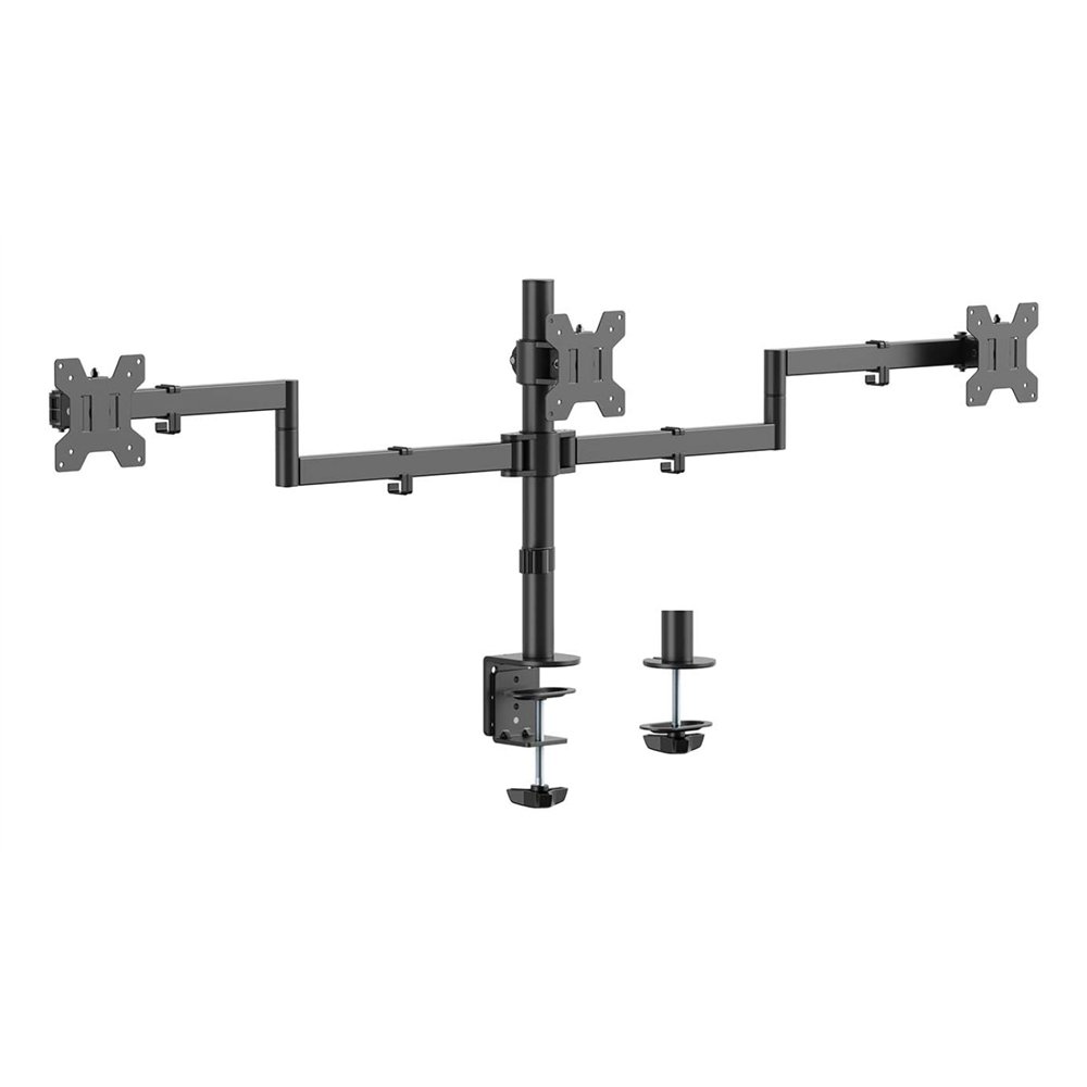 Aisens soporte de mesa eco giratorio e inclinable para 3 monitores 10kg (3 pivotes, 2 brazos) de 13-27, negro