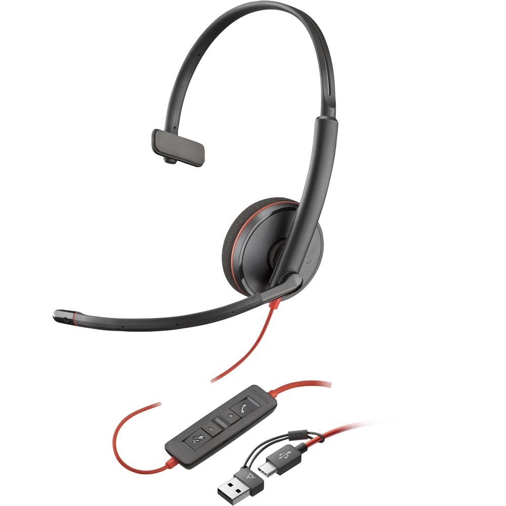 Poly auriculares blackwire 3210 monaural usb-c + adaptador usb-c/a (paquete)