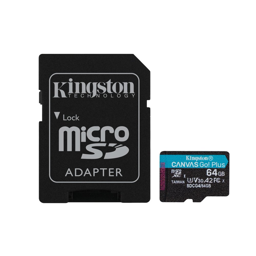 Kingston technology tarjeta microsdxc canvas go plus gen4 de 64 gb, 200 mb/s, a2 u3 v30 y adaptador