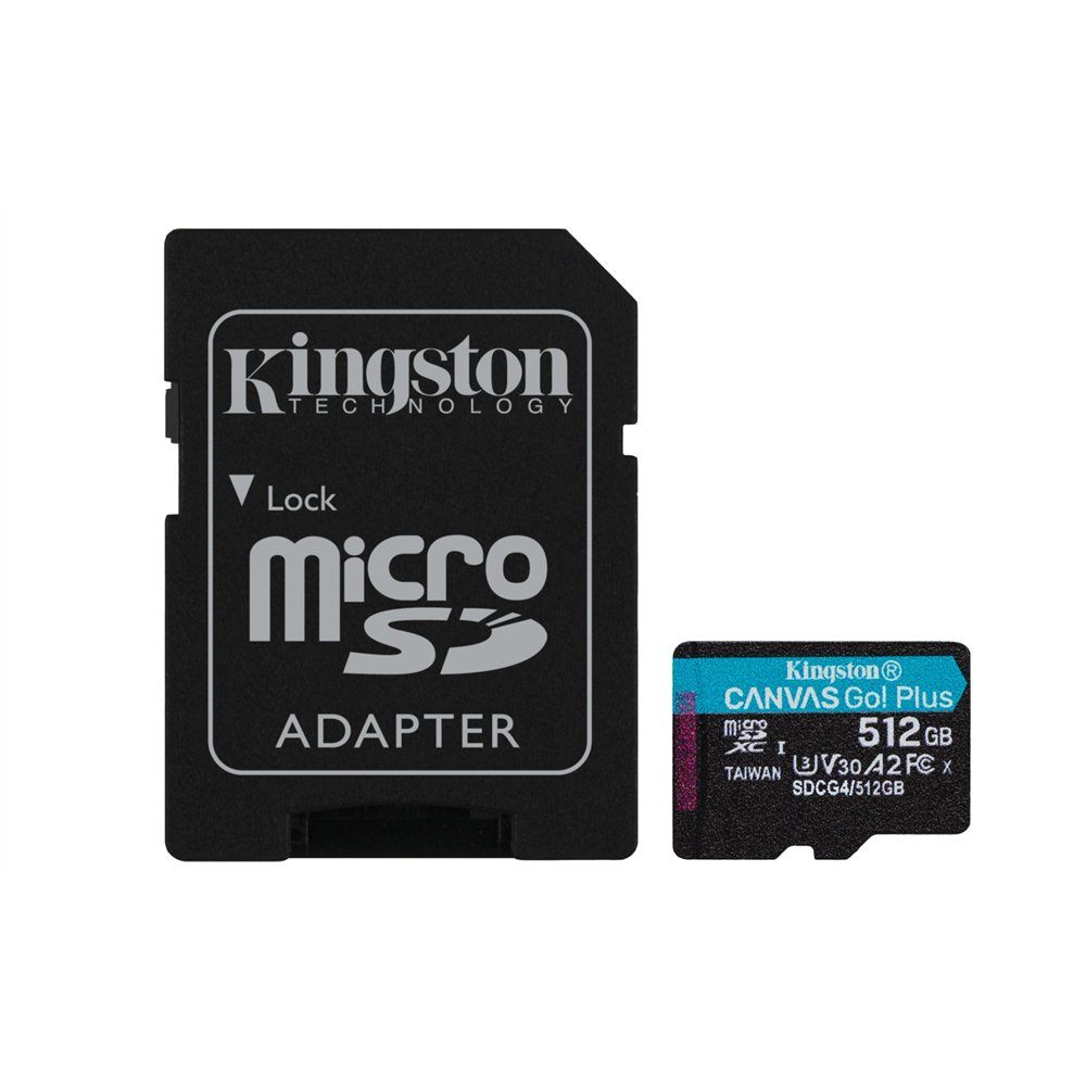 Kingston technology tarjeta microsdxc canvas go plus gen4 de 512 gb, 200 mb/s, a2 u3 v30 y adaptador