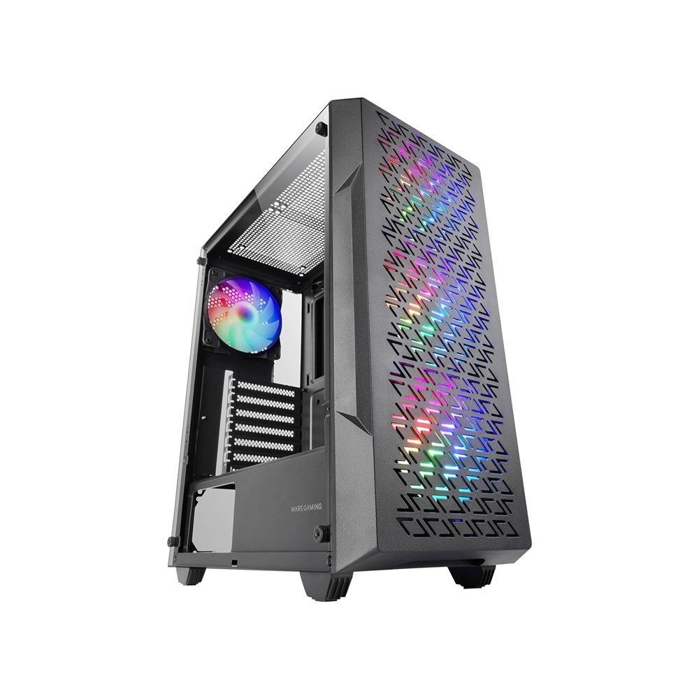 Mars Gaming MC-GEO Caja Gaming ATX 4x Ventiladores FRGB Rainbow 12cm Panel Frontal Mesh Geométrico Ventana Lateral Cristal Templ