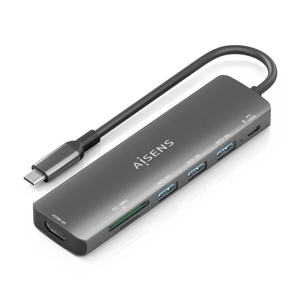 Aisens usb-c dock 7 en 1, usb-c a, 1x hdmi, 3x usb-a, 1x usb-c pd 100w, 1x sd, 1x microsd, gris, 15cm