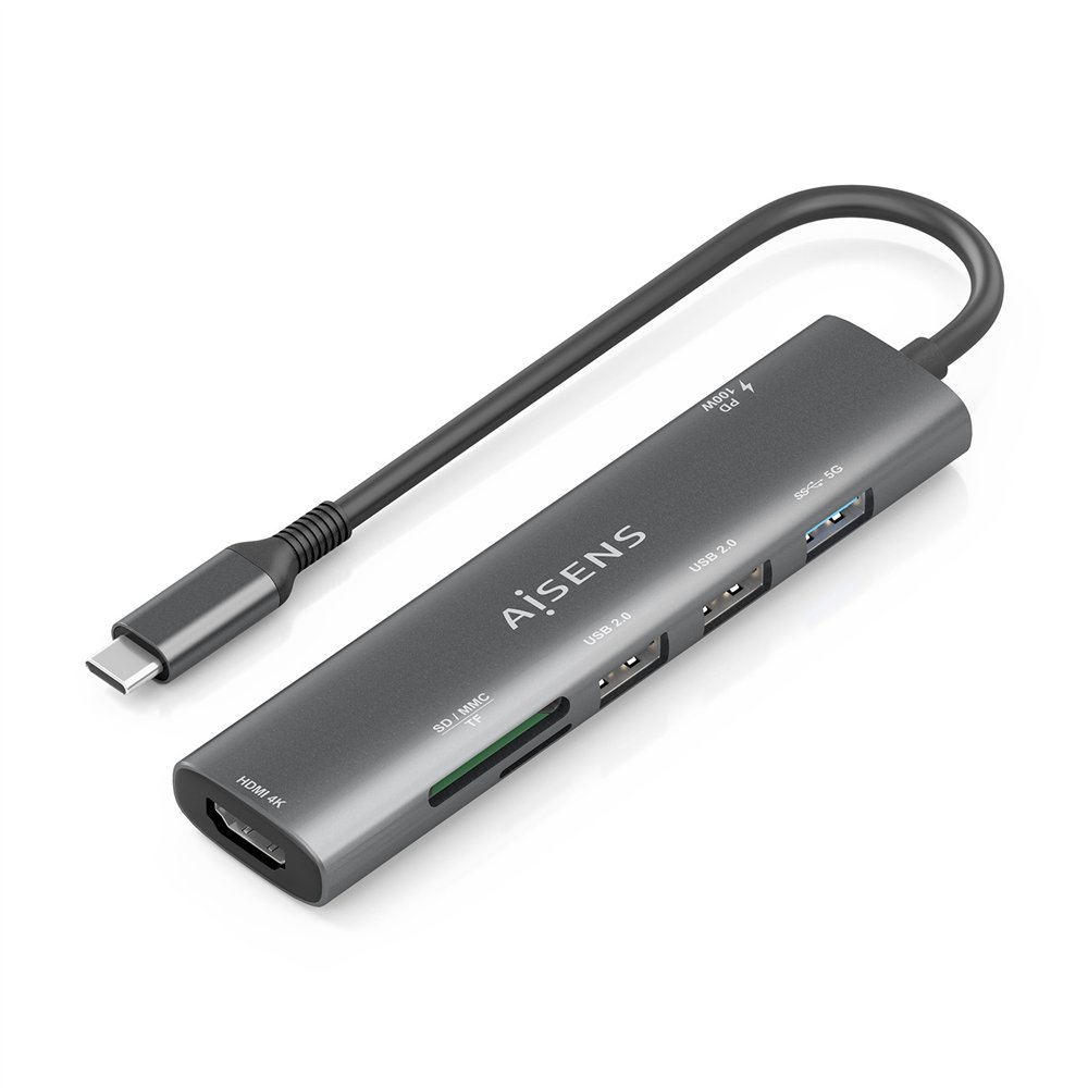Aisens usb-c dock 7 en 1, usb-c a, 1x hdmi, 2x usb-a usb2.0, 1x usb-a usb3.0, 1x usb-c pd 100w, 1x sd, 1x microsd, gris, 15cm