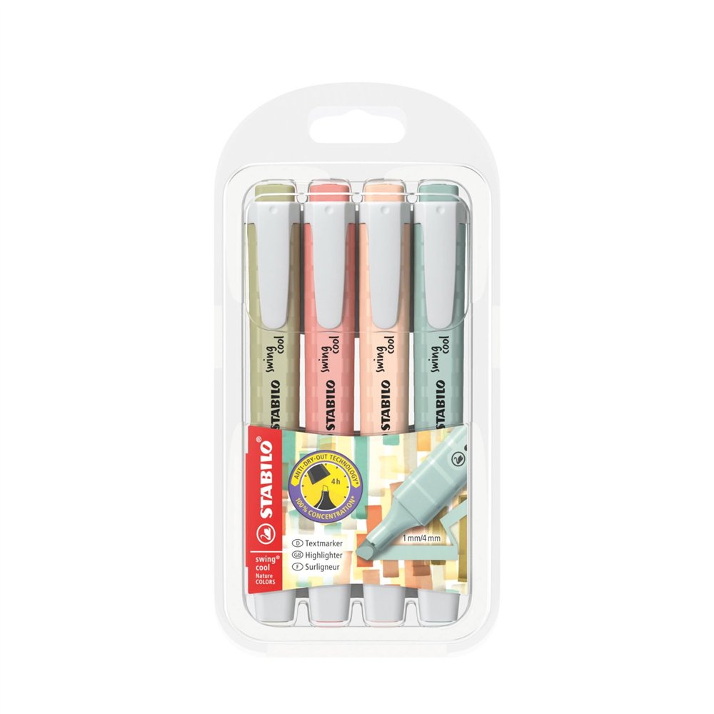 Stabilo fluorescente pastel swing cool naturecolors, estuche de 4 colores