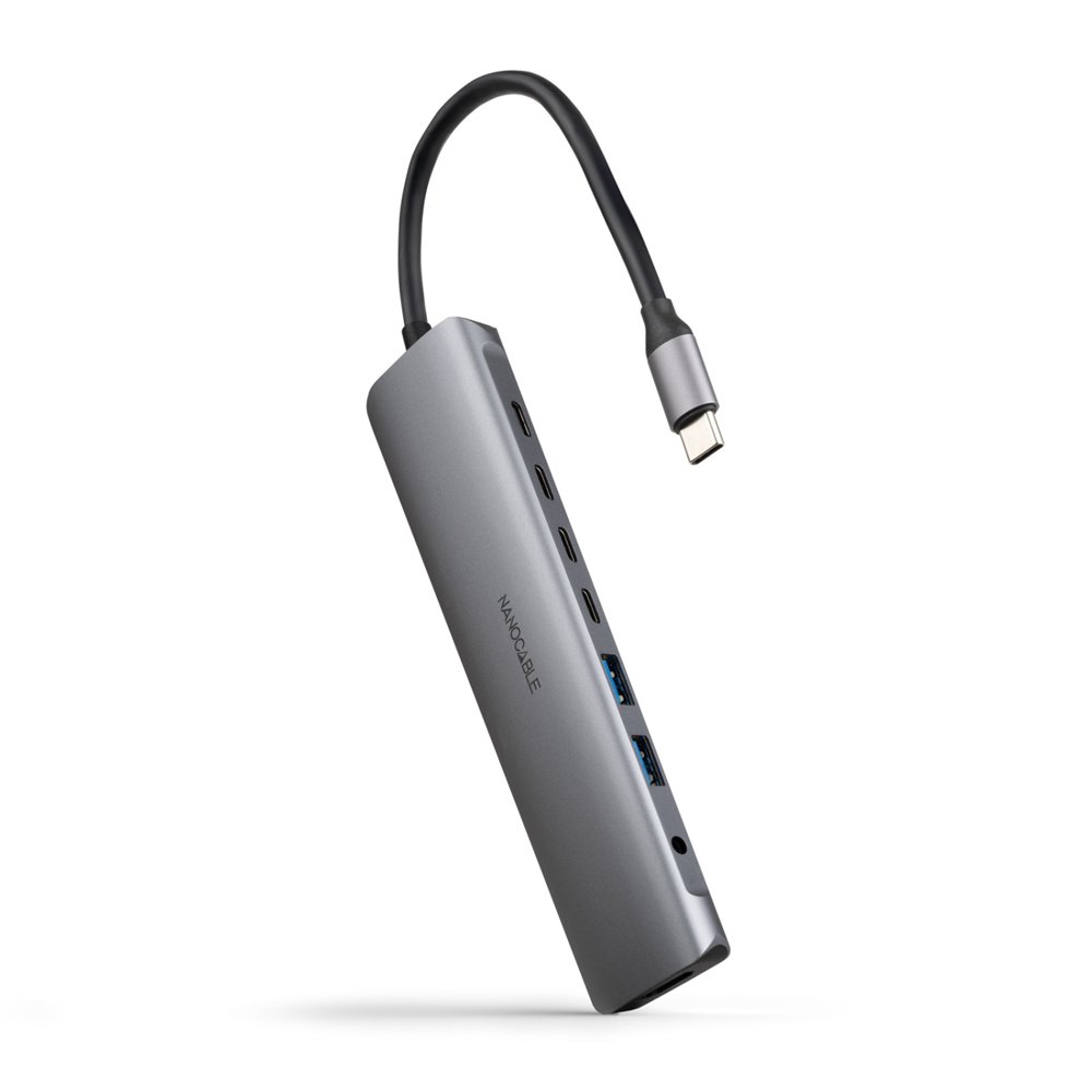 Nanocable hub usb-c 8 en 1, conversor usb-c 3.1 a 2xusb-a 3.0 + 3xusb-c 3.0 + usb-c pd + hdmi 4k@60hz + audio jack 3.5, aluminio