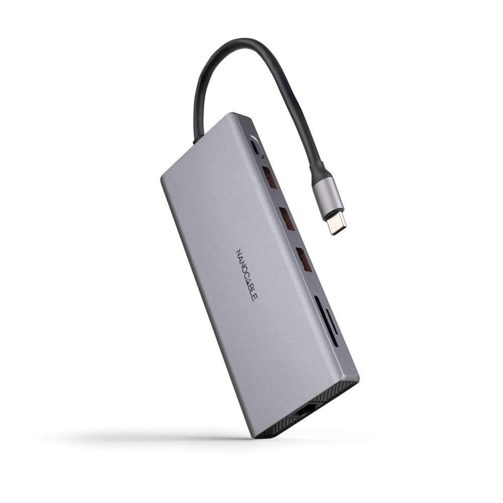 Nanocable hub usb-c 12 en 1, conversor usb-c 3.1 a 3xusb-a 3.2 + usb-c 3.2 + usb-c pd + 2xhdmi 4k@60hz + dp 4k@60hz + rj45 1gbps