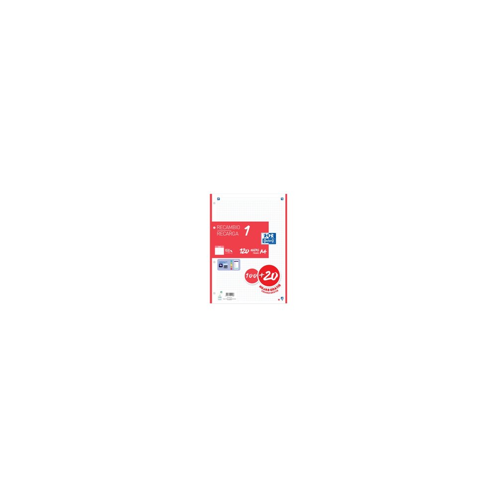 Oxford recambio 100h  20h gratis 4 taladros a4 90gr 5x5 1 banda rojo