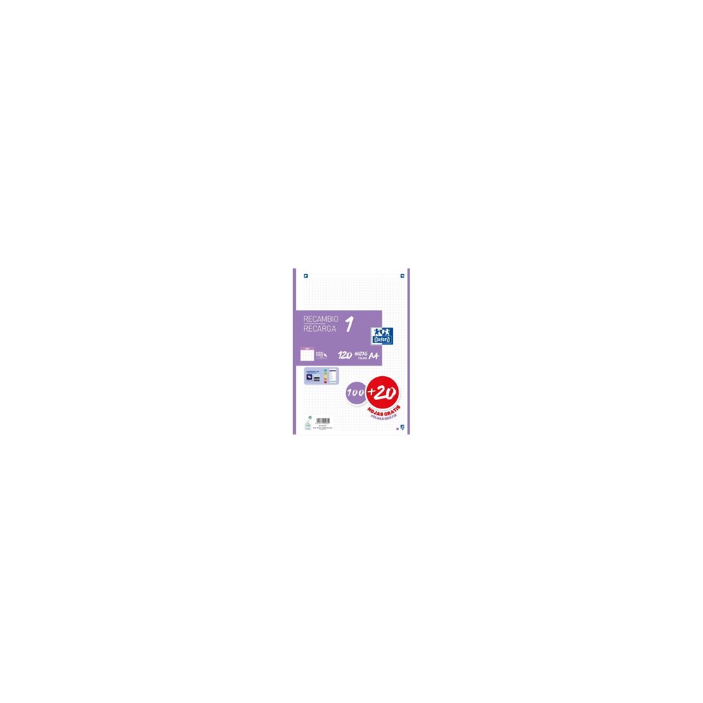 Oxford recambio 100h  20h gratis 4 taladros a4 90gr 5x5 1 banda lila