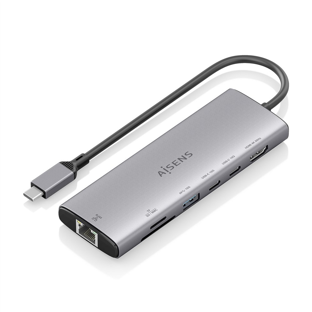 Aisens usb-c dock 7 en 1 usb-c a 1xhdmi 1xrj45 1xusb-a 10g 2xusb-c 10g 1xsd 1xmicrosd gris 20cm