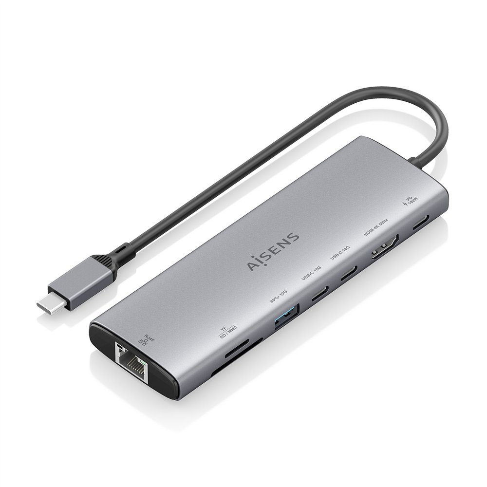 Aisens usb-c dock 8 en 1 usb-c a 1xhdmi 1xrj45 1xusb-a 10g 2xusb-c 10g 1xsd 1xmicrosd 1xusb-c pd 100w gris 20cm