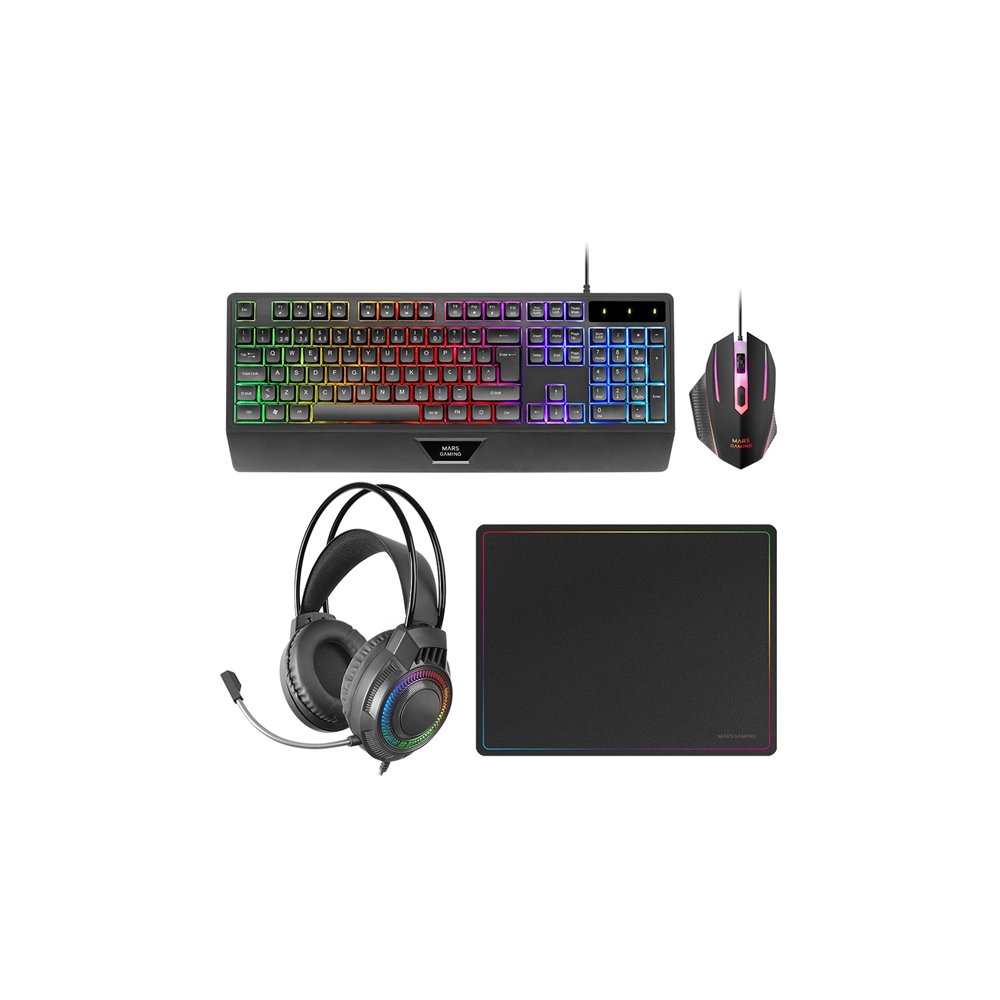 mars gaming mcp124pro, combo gaming 4en1, teclado rgb h-mech con reposamuñecas, ratón rgb 3200dpi y switches huano, auriculares 