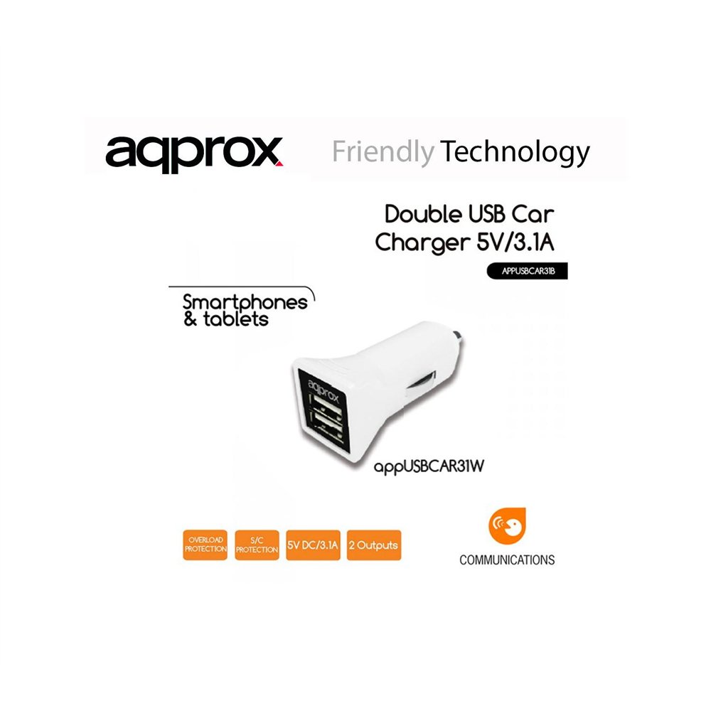 cargador approx coche 2 puertos usb blanco appusbcar31w