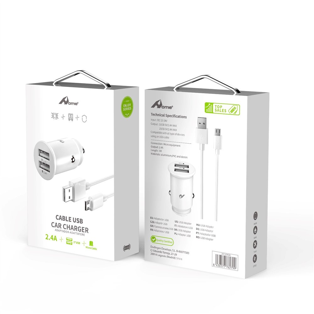 home serie enjoy ycc-01m adaptador de coche usb. 2 usb x 5v/2.4a con cable micro usb