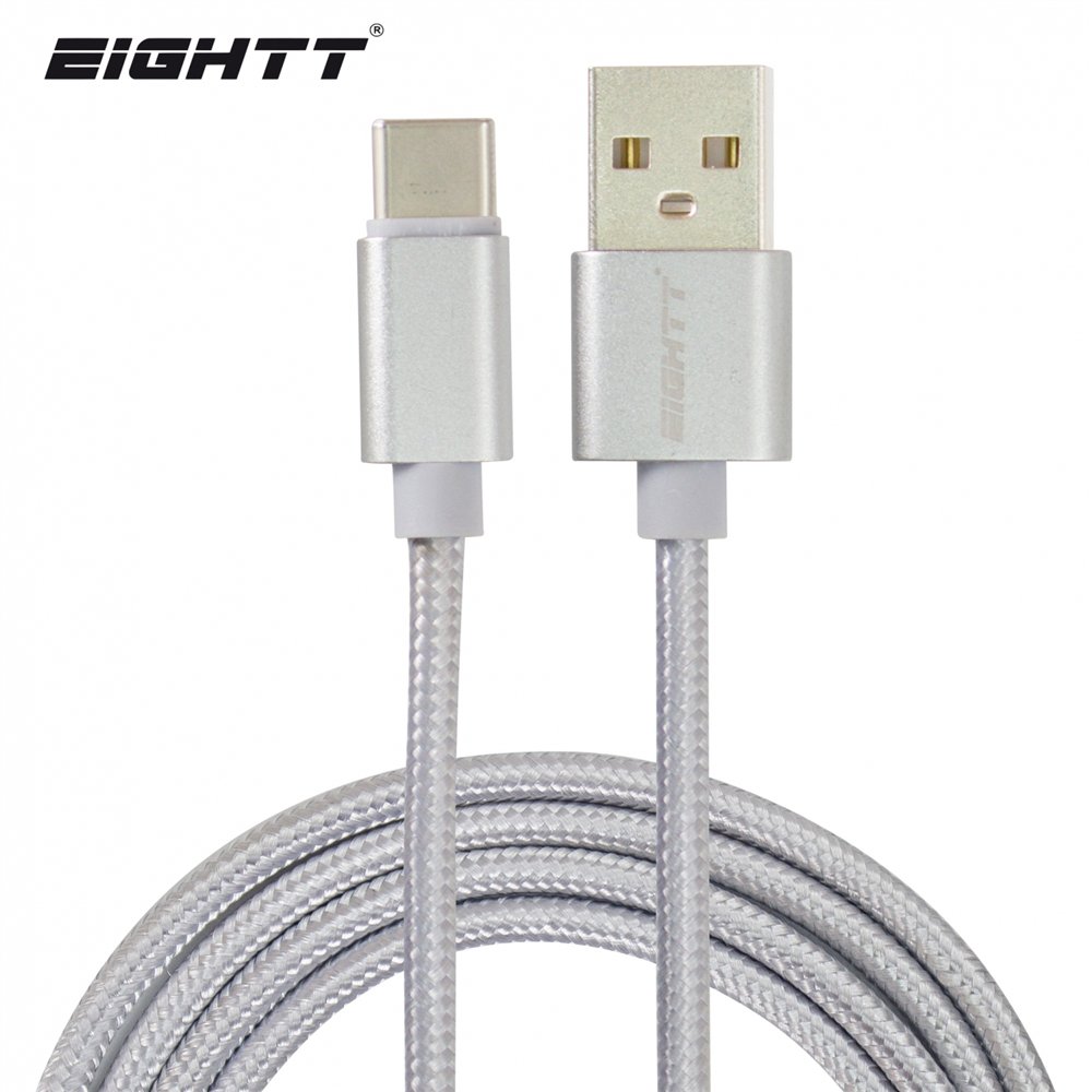 eightt cable usb a type c 1mts trenzado de nylon plata. carcasa de aluminio