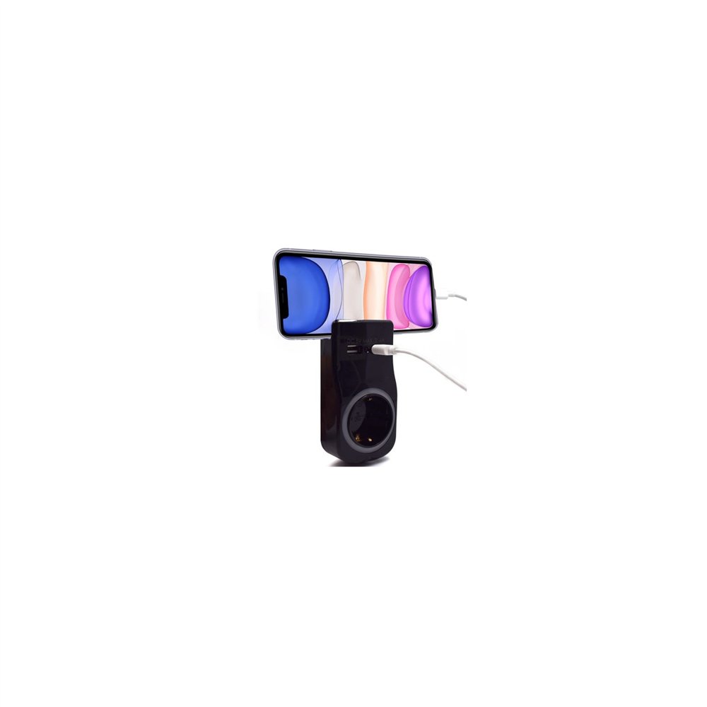 adaptador de pared welly enjoy toma schuko 16a con luz nocturna 2puertos usb indicador led soporte telefono negro wy13031