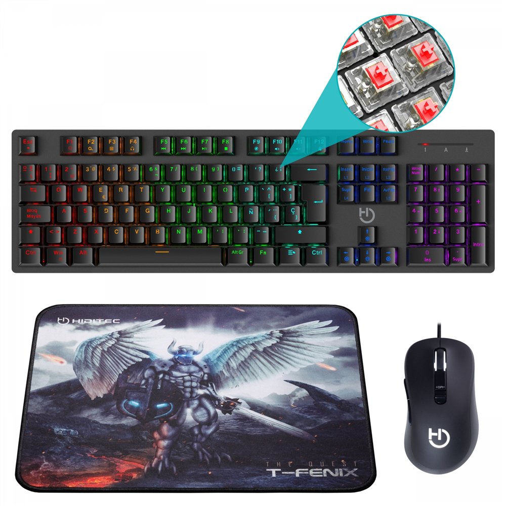 hiditec teclado gaming mecanico gk400 usb  + raton gaming blitz + alfombrilla t-fenix negro