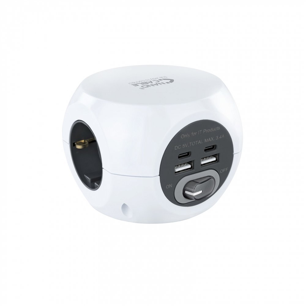 nanocable base de 3 enchufes con 2 usb tipo-a + 2 usb tipo-c con interruptor blanco