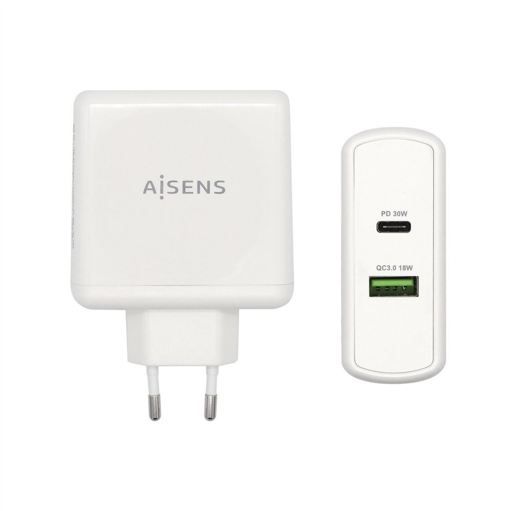 aisens cargador 48 w, 1x usb-c pd3.0 30 w, 1x usb-a qc3.0 18 w, blanco