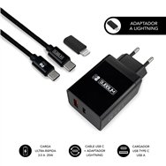 subblim cargador ultra rapido 2xusb de pared pd25w+qc3.0+cable c to c y lightning negro
