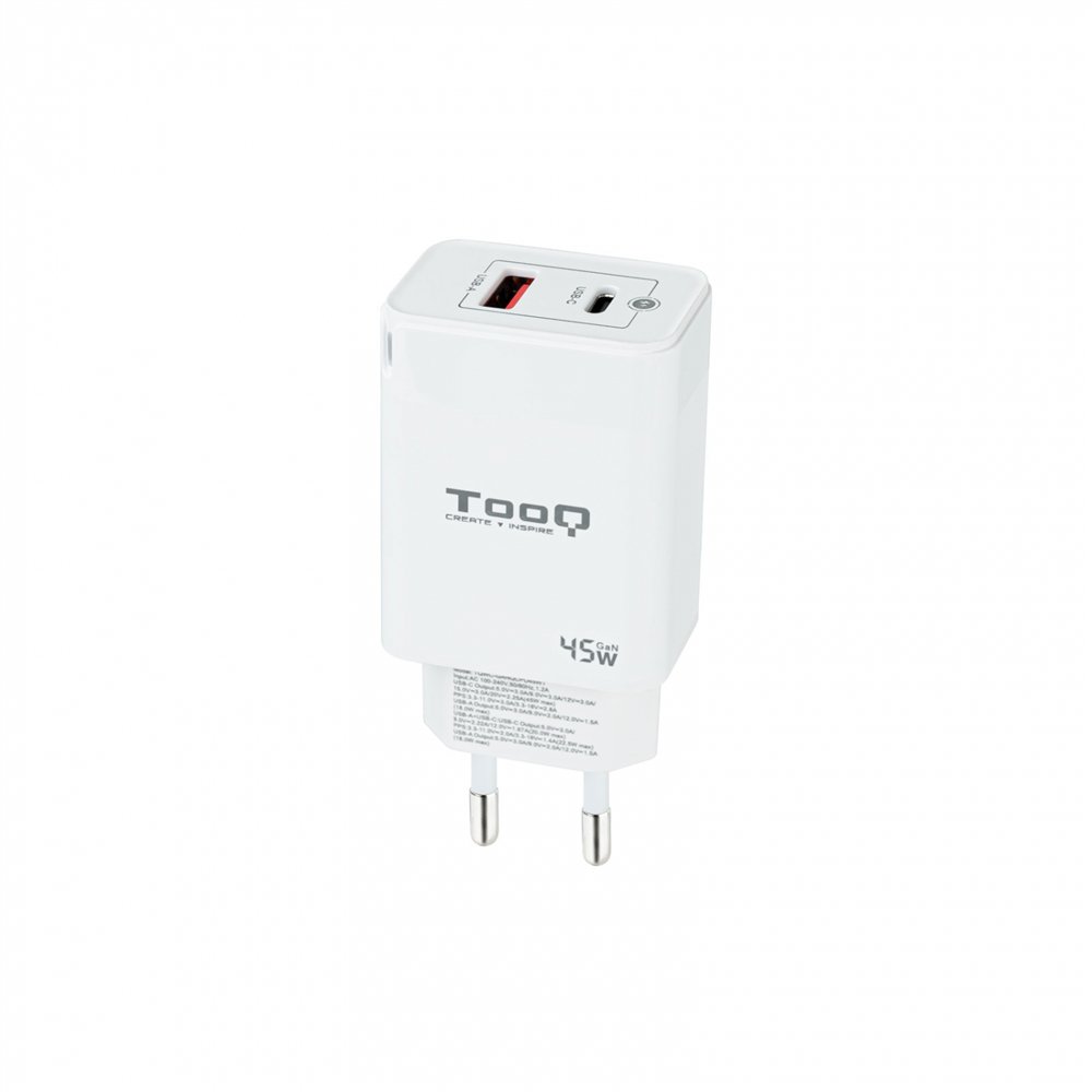 tooq cargador de pared gan usb-c/pd + usb-a/qc 45w, blanco
